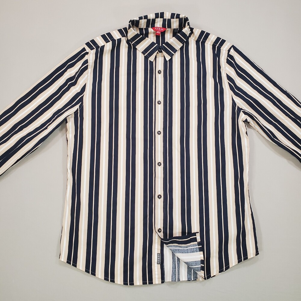 Guess Button Up Shirt Mens Large Regular Fit Stretch Beige Striped Vintage Style